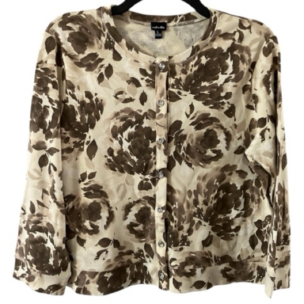 Rafaella Sweater, Button Down, Cardigan, Sz L, Floral, Neutral, Cotton, NWOT